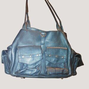 Botkier Metallic Teal Leather Handbag Dual Front Pockets Snap Closure